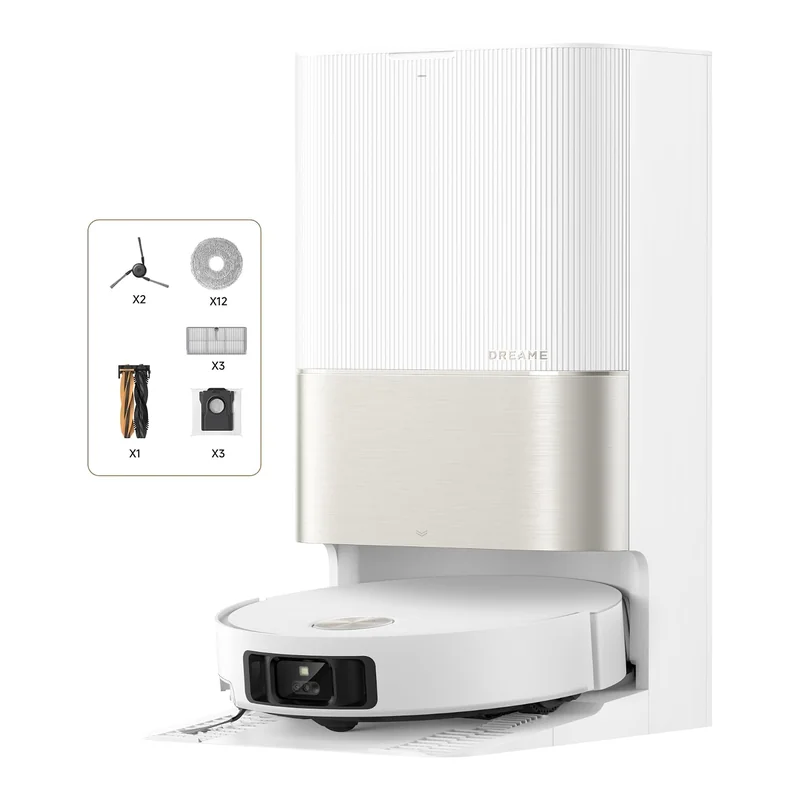Aspirateur robot Dreame X50 Ultra Complete devant sa station tout-en-un et ses accessoires de rechange