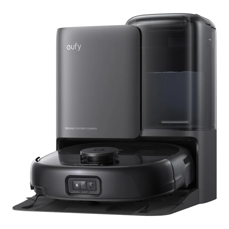 Aspirateur robot Eufy Omni E25 avec sa station tout-en-un et son réservoir d'eau transparent